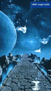 a poster for wist angel wella shows a rocky path leading to a blue planet