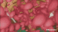 a girl with green hair is surrounded by pink petals in a cartoon .