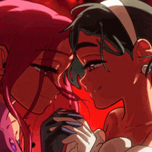 a drawing of two girls looking at each other with a red background