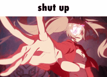 a picture of a girl with a red cape and the words shut up above her