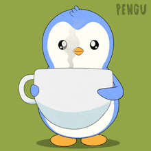 a penguin is holding a cup of coffee with the word pengu written on the bottom