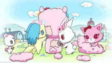 a group of cartoon characters including a cat and a rabbit are standing in a field