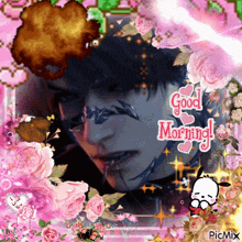 a picture of a man surrounded by pink flowers with the words good morning