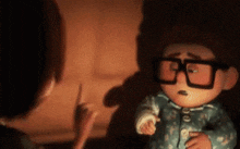 a cartoon character wearing glasses is holding a baby in his arms