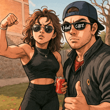 a cartoon of a man and a woman wearing sunglasses that say " i dont care "