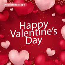 a happy valentine 's day greeting card with red and pink hearts on a red background