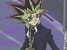 a cartoon character with a chain around his neck and a sword