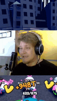 a man wearing headphones is playing a video game with a score of 948