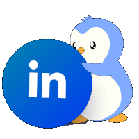 a penguin is holding a blue circle that says in