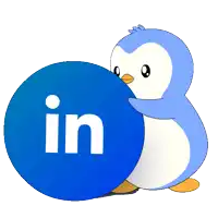 a penguin is holding a blue circle that says in