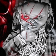 a black and white drawing of a creepy doll wearing a hooded jacket and chains .