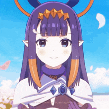 a girl with purple hair and horns is smiling with the words do you wanna smile hiding here below her