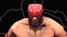 a shirtless man wearing a red bandana and sunglasses smiles
