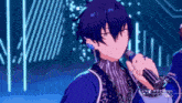 a cartoon character is singing into a microphone with the words drops tears in the corner