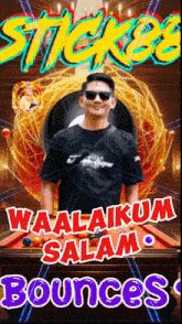 a man is standing in front of a pool table with the words waalaikum salam bounces