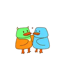a drawing of two ducks standing next to each other with hearts between them