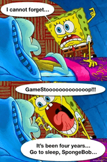 a cartoon of spongebob and squidward saying " i cannot forget " and " it 's been four years "