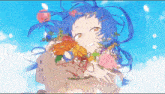 a girl with blue hair and flowers in her hair