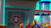 a group of paw patrol dogs are standing outside of a building