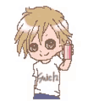 a pixel art of a boy with a heart coming out of his mouth .