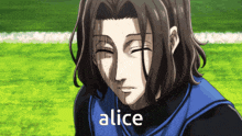 a close up of a person 's face with the word alice on it