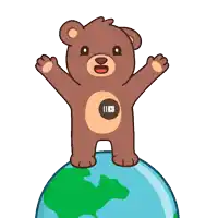 a teddy bear is standing on top of a globe with its arms outstretched