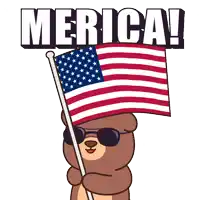 a teddy bear is holding an american flag with the words merica written above it