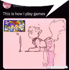 a cartoon of a cat playing a game on a computer .