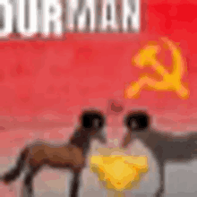 a couple of horses standing next to each other on a red background with a hammer and sickle .