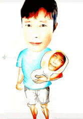 a cartoon drawing of a man holding a baby with his face on it