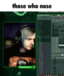 a man wearing headphones and a shirt that says those who nose is on a computer screen