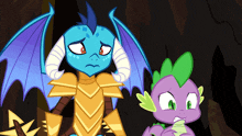 a cartoon of a dragon with horns standing next to a purple dragon with spikes