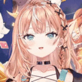 a close up of a girl with long hair and blue eyes