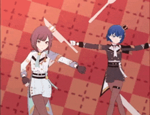 a couple of anime characters are standing next to each other on a checkered background holding knives and forks .