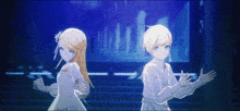 two anime characters are standing next to each other on a stage