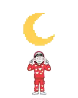 a pixel art of a monkey wearing a red hoodie with hearts and a yellow crescent moon