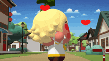 a cartoon character is walking down a street with a red heart in the background