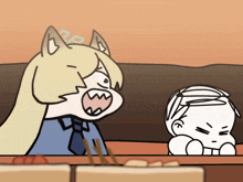 a cartoon drawing of a girl with cat ears and a boy with a sad look on his face