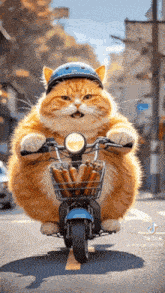 a cat wearing a helmet is riding a scooter with a basket full of carrots