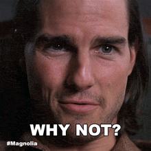 a close up of a man 's face with the words " why not " above him