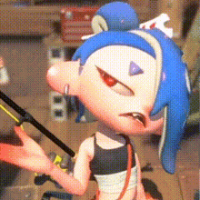 a cartoon character with blue hair and red eyes is holding a fishing pole .
