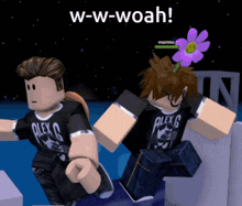 two roblox characters are standing next to each other and one has a flower in his hair and the words w-w-woah above them