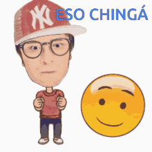 a cartoon of a man wearing a ny hat next to a smiley face
