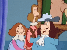 a cartoon of three men looking at a picture frame