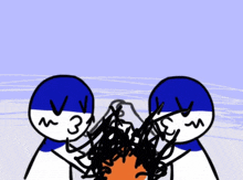 a drawing of two stick figures holding a person 's head with the number 3 on their faces