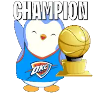 a cartoon of a penguin holding a basketball trophy that says champion
