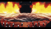 a cartoon of a ship in the middle of a fire