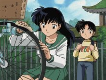 a boy and a girl are standing next to each other in a cartoon scene
