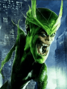 a painting of a green monster with horns and a mouth open