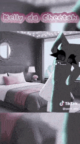 kelly da cheetah is a cartoon character in a bedroom
